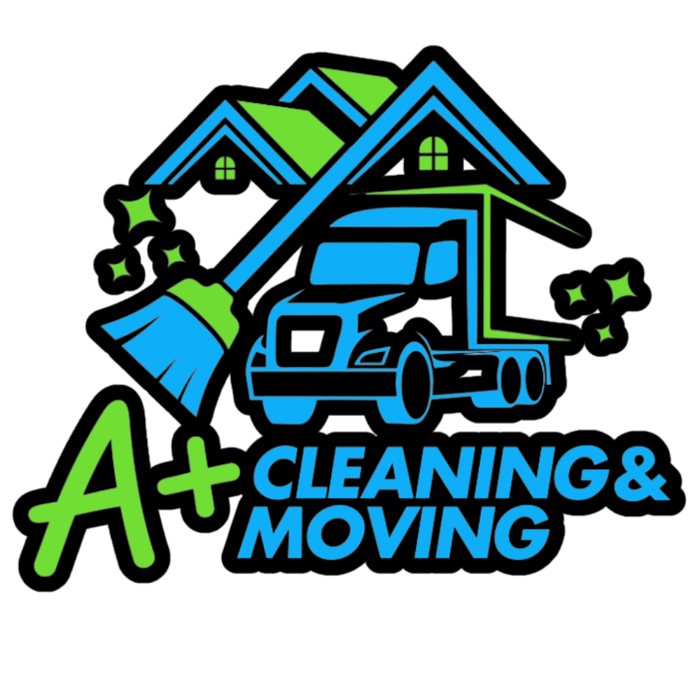 A Plus Cleaning & Moving logo featuring a house, moving truck, and broom with sparkling effects, symbolizing professional moving and cleaning services.