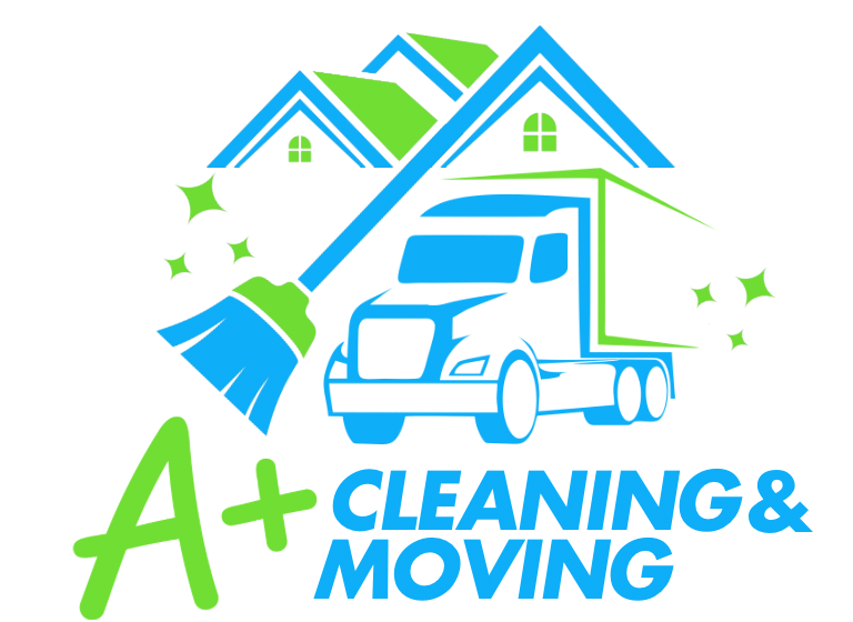 A+ Cleaning & Moving logo with a house, moving truck, broom, and sparkling stars, emphasizing clean and professional moving services.