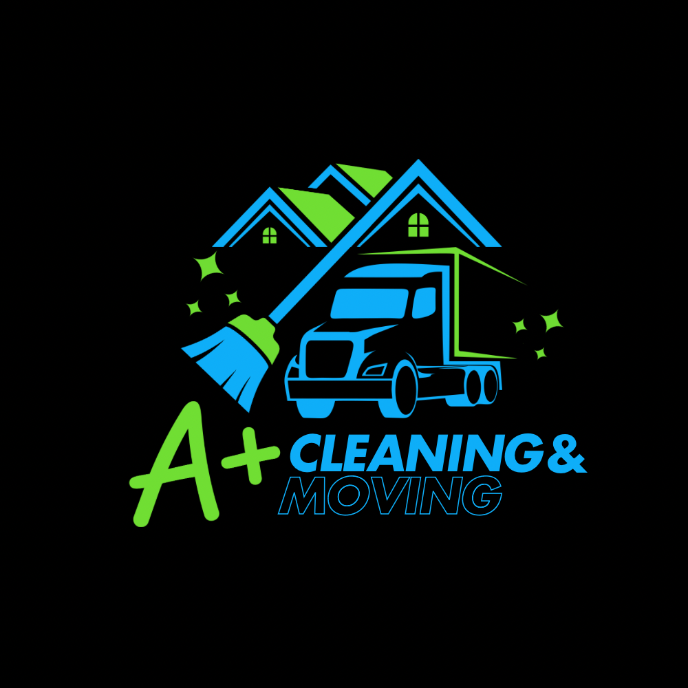 A+ Cleaning & Moving logo with a house, moving truck, broom, and sparkling stars, emphasizing clean and professional moving services.