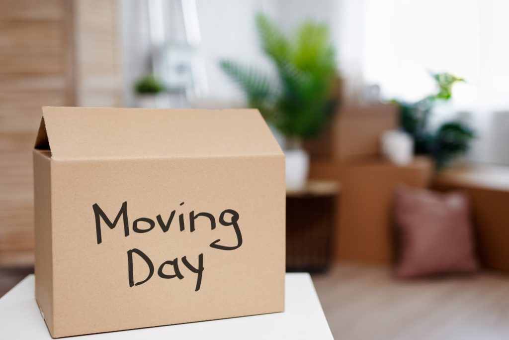 Cardboard box labeled Moving Day in a home ready for relocation services