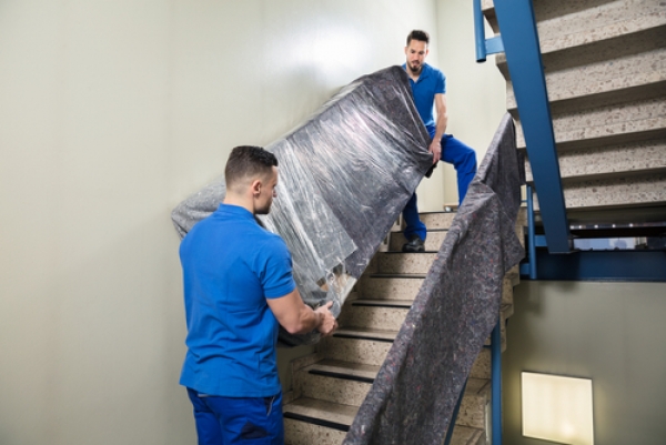 Professional movers carrying a wrapped sofa up apartment stairs in Philadelphia