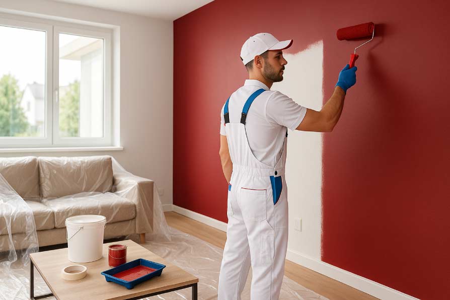 Professional painter cutting in the edge of a wall during an interior home painting project in Montco, PA.