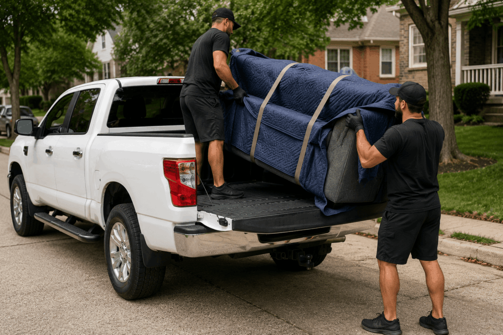 Two professional movers loading a blanket-wrapped couch into a pickup truck for a furniture delivery in Philadelphia.