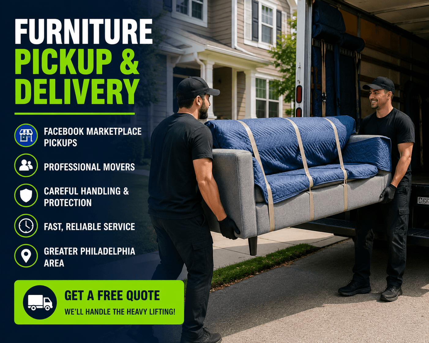 Two professional movers carrying a blanket-wrapped sofa from a moving truck during a furniture pickup and delivery service in the Greater Philadelphia area.