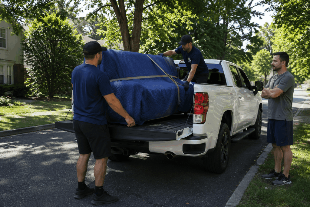 Professional movers loading a blanket-wrapped Facebook Marketplace couch into a pickup truck for delivery in Philadelphia, PA.