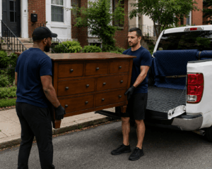 Professional movers carrying a wooden dresser from a pickup truck after a Facebook Marketplace furniture purchase in Philadelphia, PA.