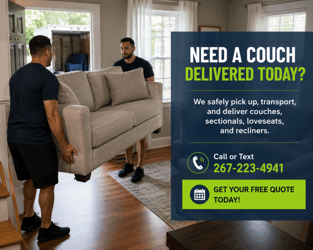 Professional movers delivering a couch to a home in Philadelphia, PA.