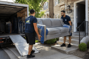 Professional movers delivering a wrapped couch to a home in Philadelphia, PA.